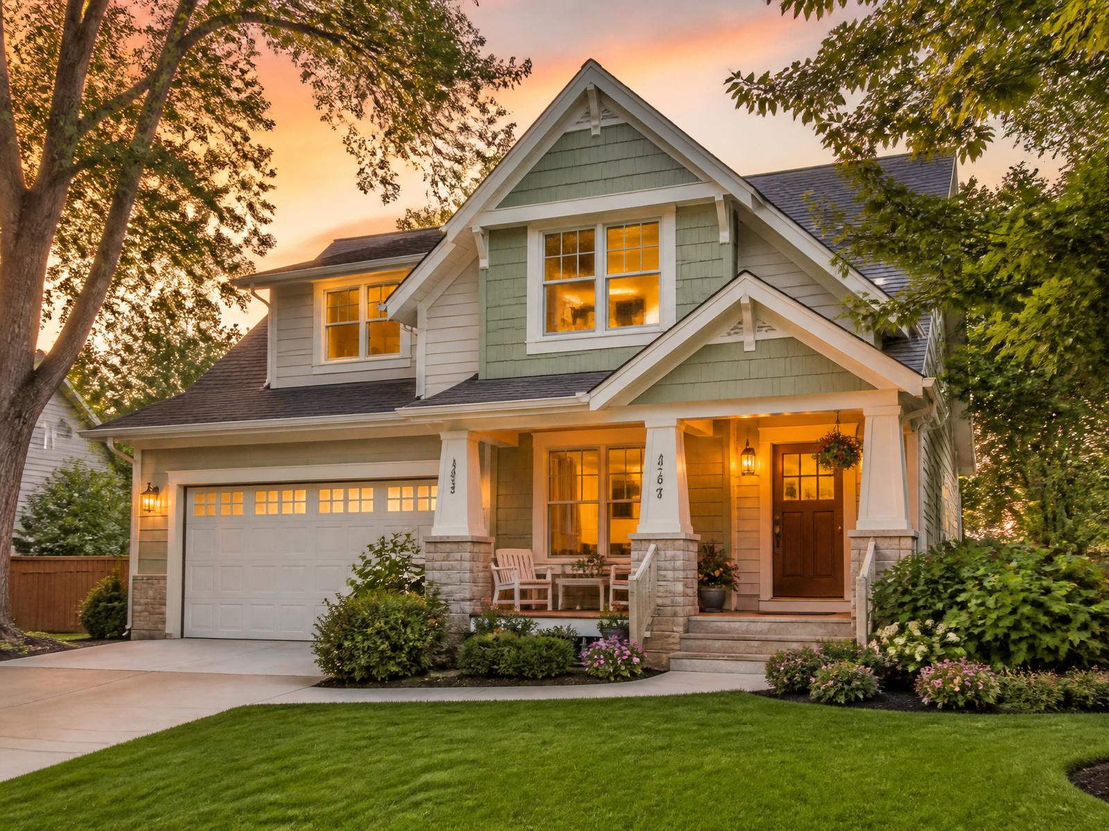 Warmly lit craftsman home at sunset in Central Ohio